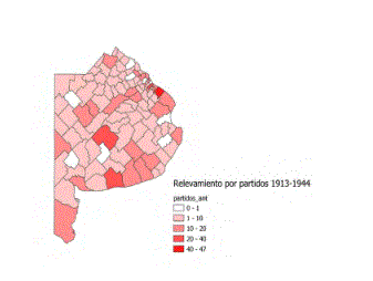 Esquema cartográfico del número de relevamientos realizados en los partidos bonaerenses entre 1913-1944