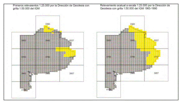 Relevamientos cartográficos de la Dirección de Geodesia /// Mapa índex donde se muestran las hojas 1:500.000 (los rectángulos más grandes); la división 1:50.000 (rectángulos grises); en amarillo se representan las hojas levantadas en 1970 (izquierda) y actualidad (derecha)